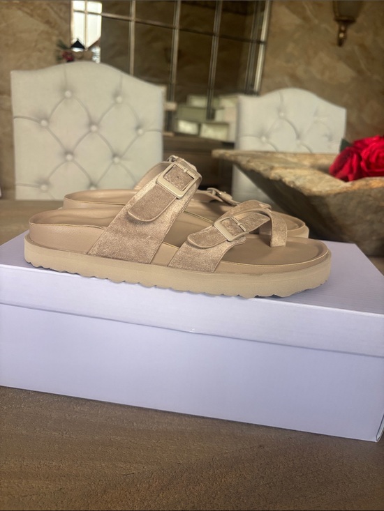 Madden Girl Shoes - Madden Girl Beige Suede Double Buckle Slide Sandals
